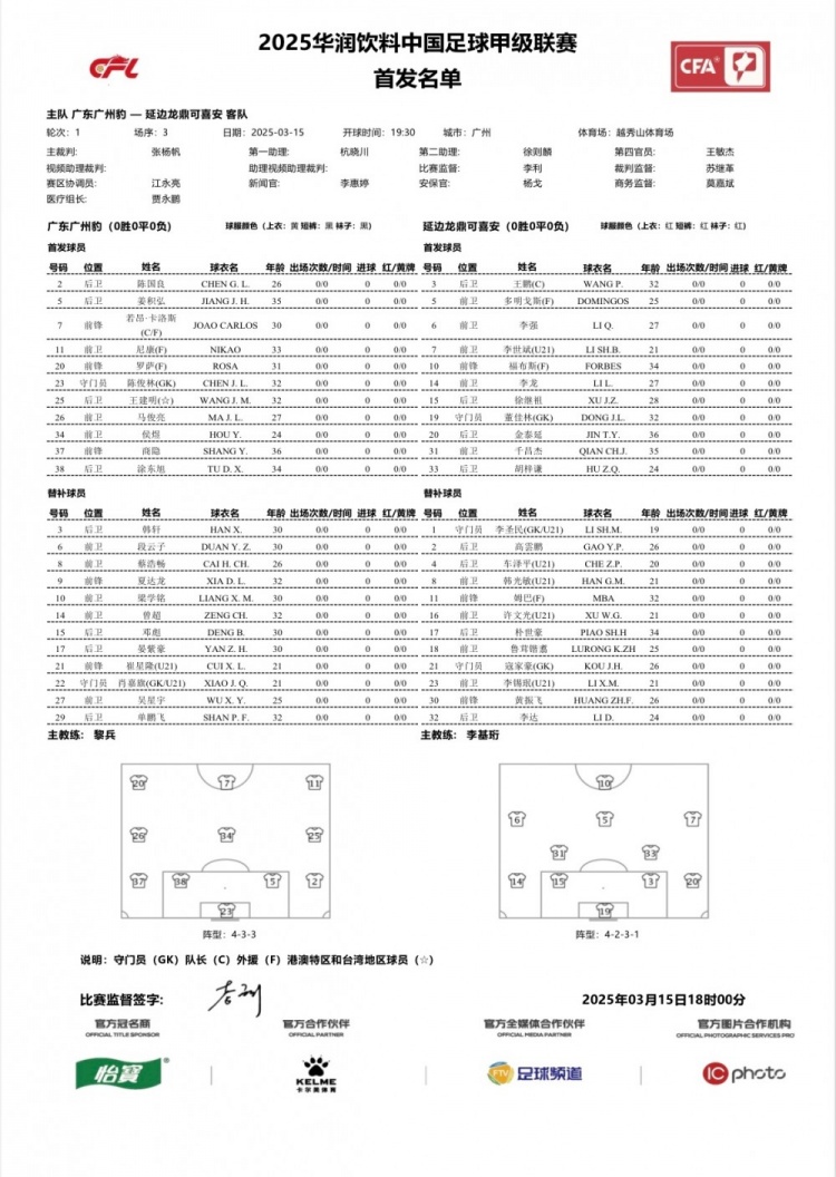  廣州豹vs延邊龍鼎首發(fā)：卡洛斯、羅薩、尼康三外援領銜廣州豹