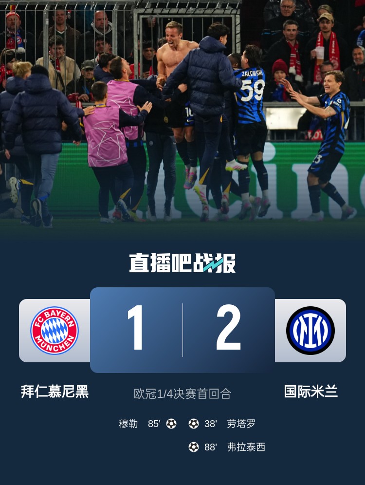  2-1占得先機(jī)！國米送給拜仁4年來歐冠主場首敗